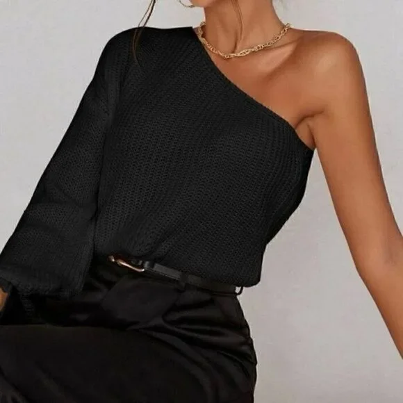 Black One Shoulder Pullovers - Picture 4 of 6